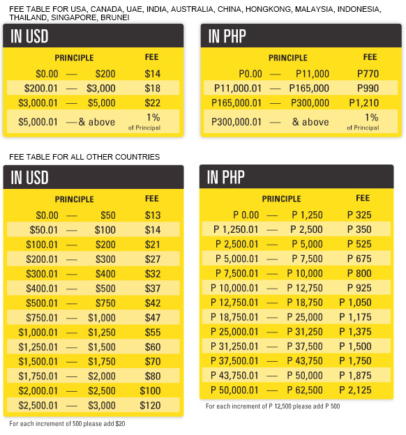 Western Union Transfer Fees Chart 2018